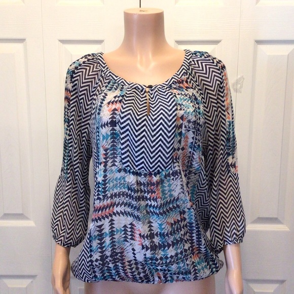 new directions Tops - New Directions Womens Chevron Print Sheer Boho Peasant Blouse Top Size Large